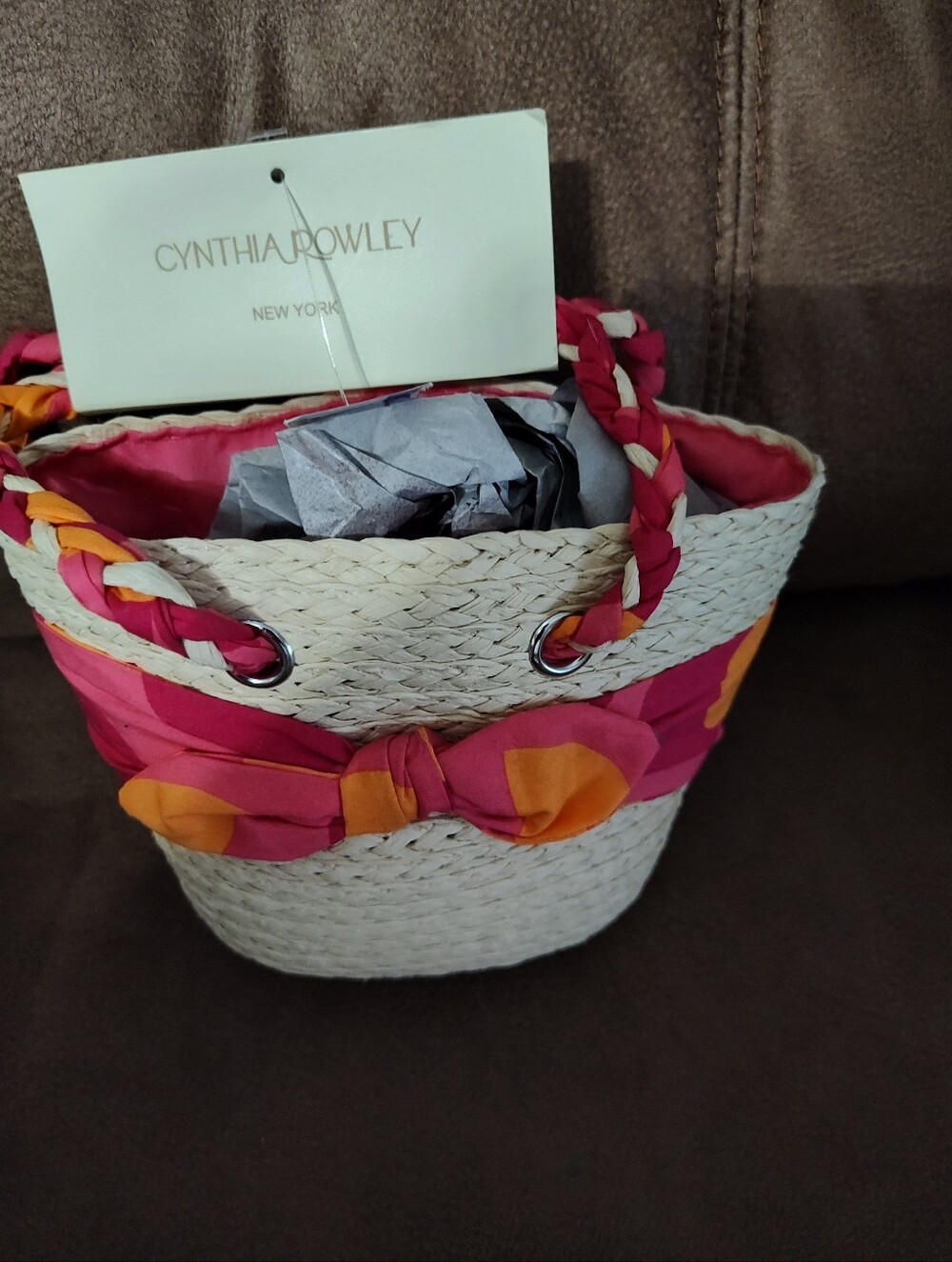 Cynthia Rowley Pink Straw Bucket Bag with Orange Dot Scarf